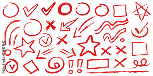 Collection of hand drawn red marks and symbols including checkmarks circles stars arrows and exclamations