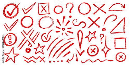 Collection of red hand drawn checkmarks x marks circles question marks stars exclamation points arrows and other symbols on white background