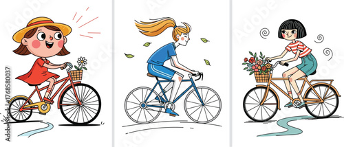Three happy girls riding bicycles outdoors, summer cycling illustration, healthy lifestyle, fun exercise, cartoon characters enjoying bike rides together
