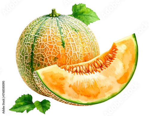 Watercolor  Exquisite Melon Slice: A detailed watercolor illustration captures the vibrancy and freshness of a succulent melon, its inviting slice showcasing juicy flesh, ready to quench.