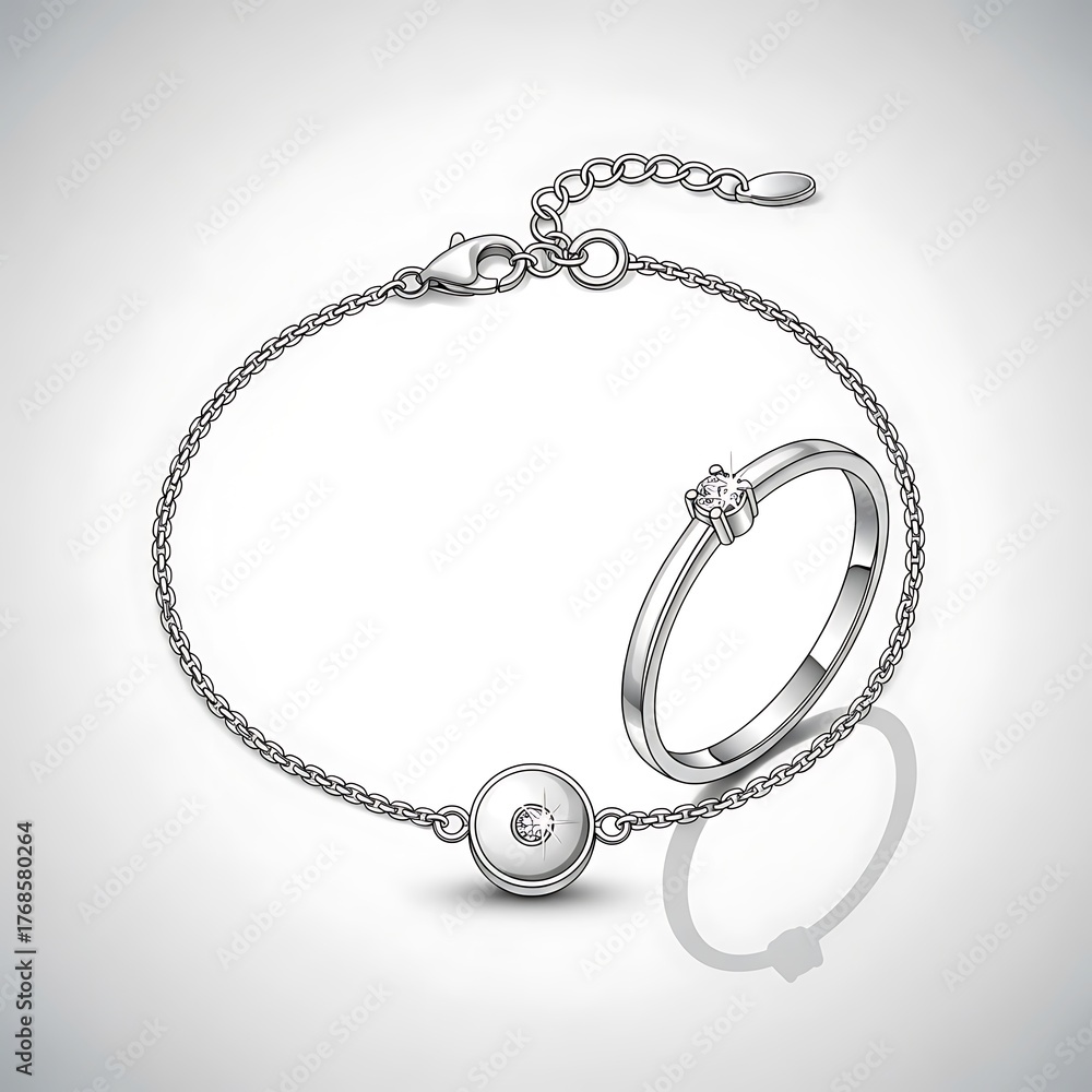 Obraz premium Elegant Silver Bracelet and Ring Set with Pearl and Diamond Accents.