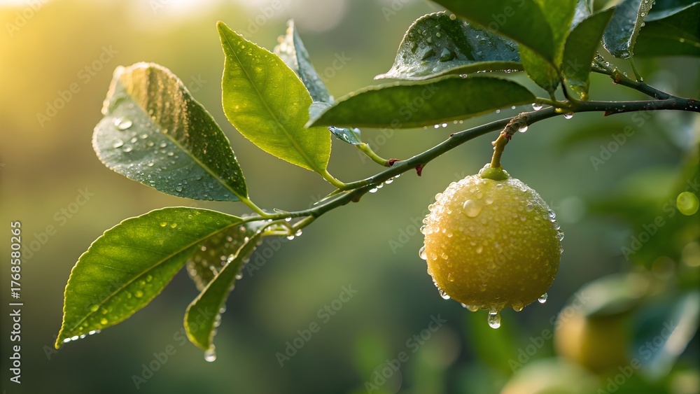 Fototapeta premium Close Up Of A Single Yellow Lemon Hanging On A Branch With Water Droplets In Golden Hour Sunlight
