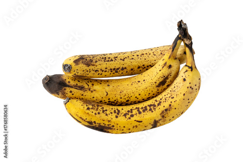 Bunch of yellow overripe bananas fruits with dark brown spots ana mold isolated on a white background.  Rotten spoiled fruit. Food waste.