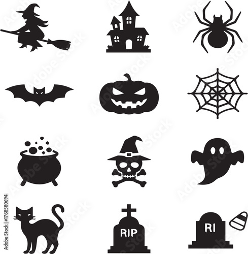 Black and white Halloween silhouette icons collection for spooky season