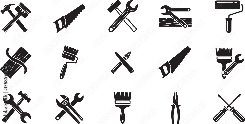 Fototapeta premium Collection of black and white silhouette icons representing various hand tools for construction and renovation
