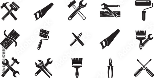 Collection of black and white silhouette icons representing various hand tools for construction and renovation