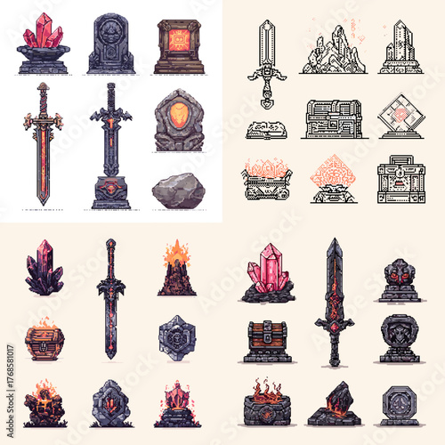 Fantasy pixel art icons featuring glowing swords, crystals, and enchanted relics. Perfect for RPG games, retro pixel design, or magical adventure illustrations.