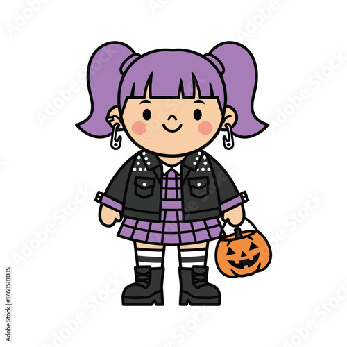 Cartoon Style Cute Girl in Punk Halloween Costume Character Illustration