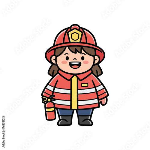 Cute Flat Style Firefighter Girl Illustration with Extinguisher in Hand