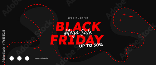 Black Friday wide cover with red dotted line decoration. Special offer for Black Friday up to 50 percent off. Web background, sales, business, and advertising. Black Friday banner.