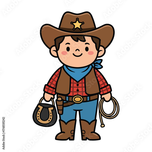 Cartoon Style Cowboy Character Full Body Cute Kid Illustration