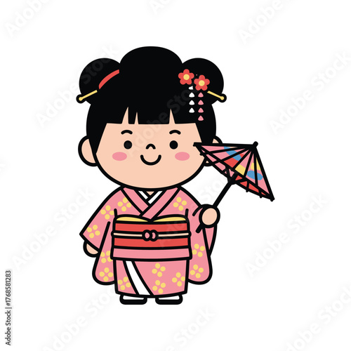 Cute Cartoon Style Girl in Kimono Holding a Paper Umbrella Illustration