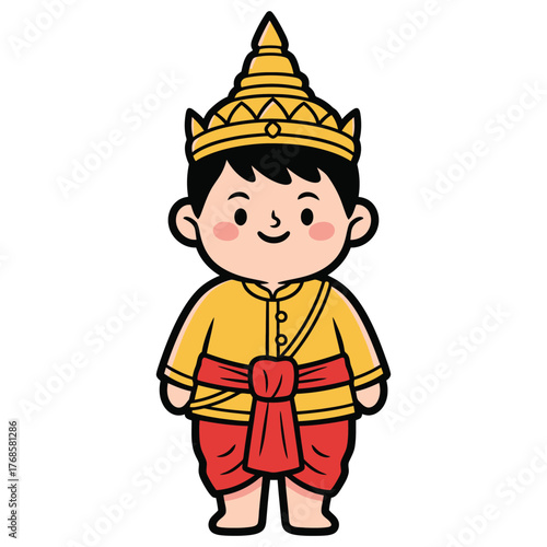 Cartoon Style Cute Boy Wearing Traditional Thai Dress Illustration