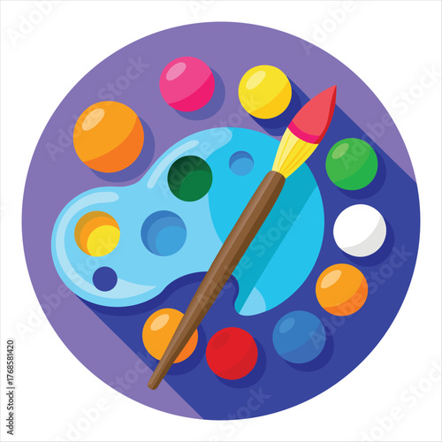 Artistic palette with vibrant paint colors and a brush isolated on white background, a creative expression of imagination and artistic talent