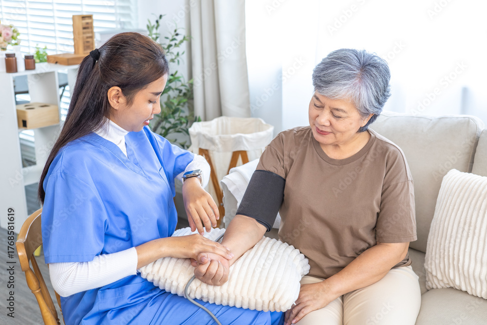 Obraz premium Caregiver nurse checking blood pressure of senior patient at home, measuring pulse and monitoring health in calm environment, professional healthcare, warm, and supportive medical assistance