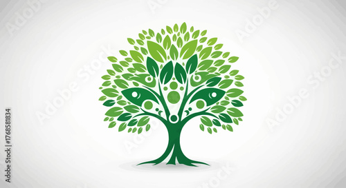 Green Tree of Life with Human Figures and Fish Shapes in Branches