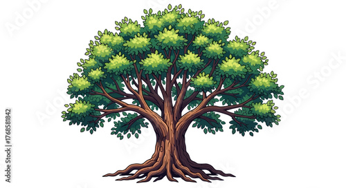 Majestic Oak Tree with Lush Green Foliage and Exposed Roots on White Background