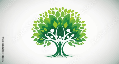 Green Tree of Life with Human Figures in Branches and Roots Symbolizing Growth and Unity