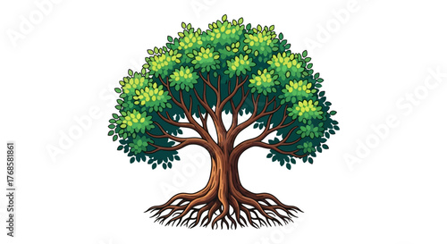 Vibrant Green Tree with Exposed Roots and Lush Foliage on White Background