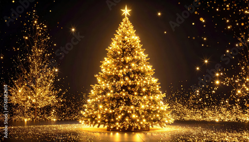 Christmas tree at night with sparkling gold glitter in black background with abstract golden bokeh.