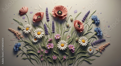 Wildflower-Inspired 3D Relief Mural with Soft Tones. Majestic 3D Wall Mural. floral landscapes. 3d floral art, floral wallpaper, Luxurious textile tile wall art