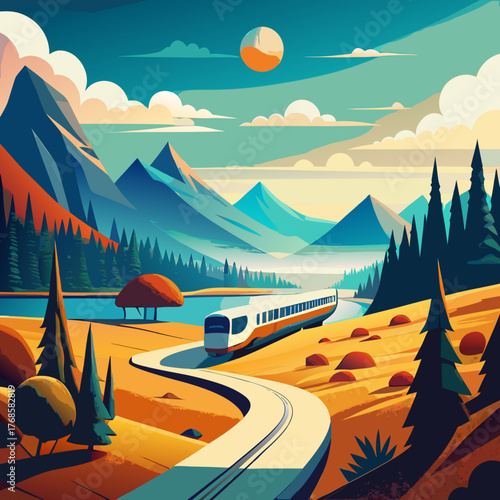 Modern train travels through a scenic mountain landscape