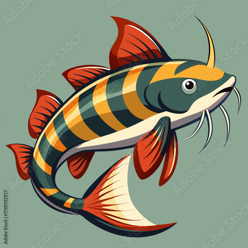 Stylized striped fish with orange fins and whiskers