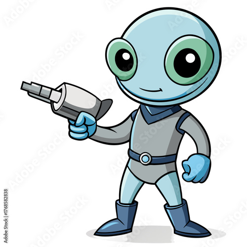 Cartoon alien character holding a futuristic ray gun