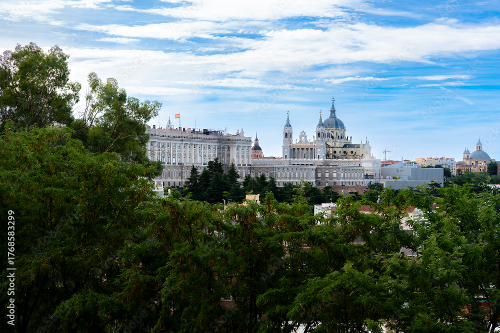 Fototapeta premium Wide panoramic view of the Royal Palace and Almudena Cathedral in Madrid Spain, showcasing European architecture with trees in foreground and daylight sky highlighting heritage and city landmarks