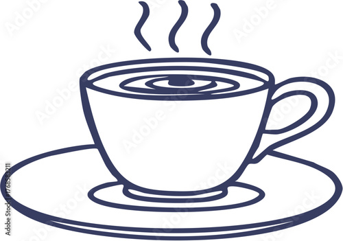 Steaming Hot Coffee Cup on Saucer Line Art Illustration.