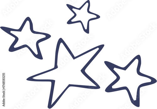 Four Hand-Drawn Blue Outlined Stars of Varying Sizes Simple Graphic Illustration.