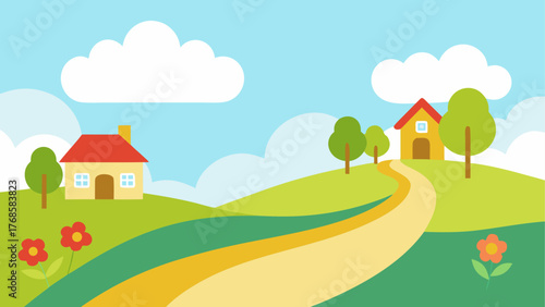 Cartoon landscape with houses trees and flowers on a sunny day