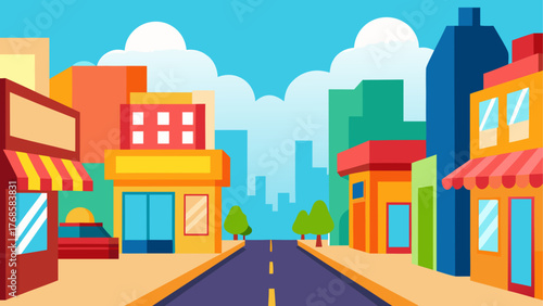 Colorful cartoon cityscape with buildings and a road