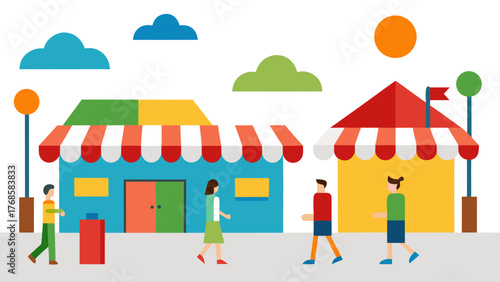 Flat design illustration of people walking past colorful shops and market stalls