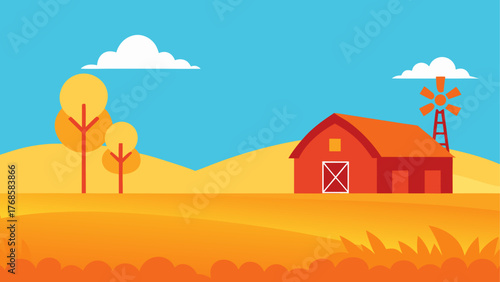 Vibrant cartoon farm landscape with red barn and windmill