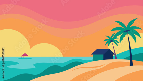 Tropical beach sunset with palm trees and a small hut