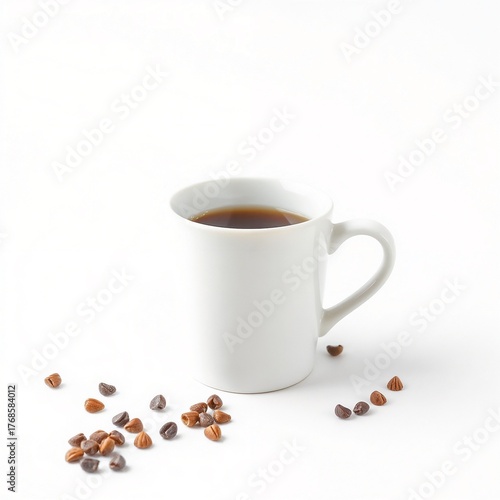 White coffee mug filled with fresh brew, scattered coffee beans, perfect morning drink setting