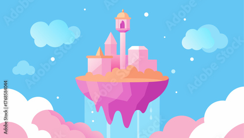 Fantasy floating island castle with pink buildings and clouds