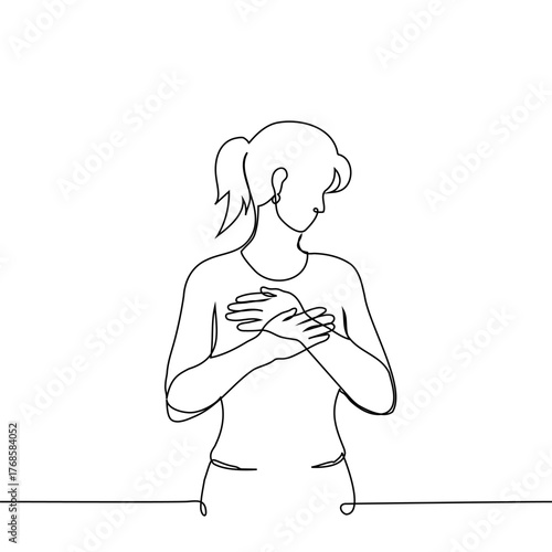 standing woman pressed both palms to her chest - one line art vector. Being touched, touching reaction, pain in the heart, falling in love