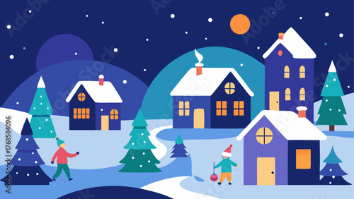 Cozy winter village scene with snow falling and children playing