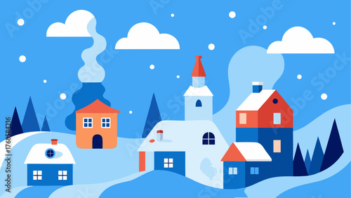 Charming flat design winter village scene with snowing sky