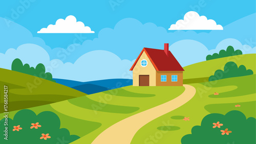 Charming cartoon house on a green hill with a winding path