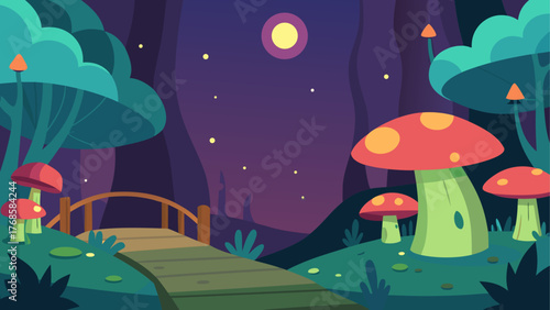 Magical fantasy forest at night with glowing mushrooms and a bridge