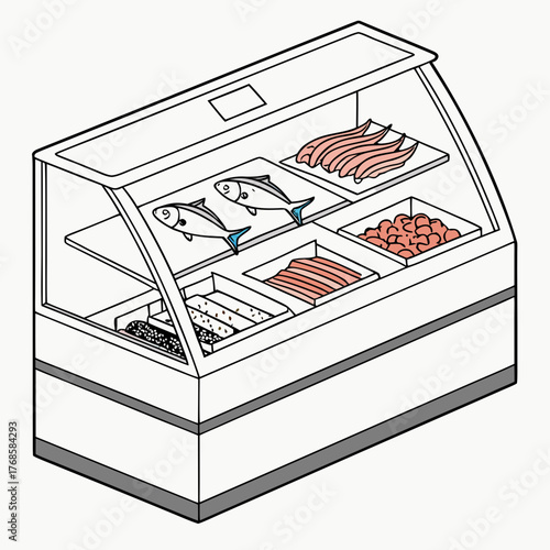 Illustration of a refrigerated display case filled with fresh seafood
