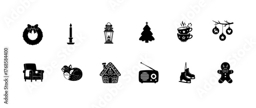 Christmas and winter holiday silhouette collection with tree, candle, wreath, gingerbread man, cozy chair and cocoa