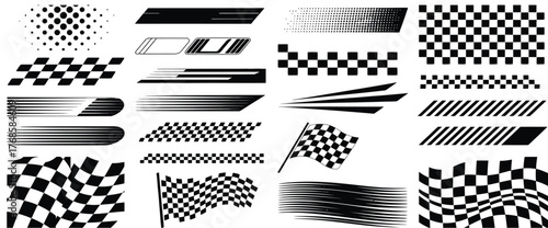 Adobe IlluCollection of racing checkered flag designs and speed stripe graphics, black and white automotive elements, motorsport competition decoration, vector banner set for racing thestrator Artwork