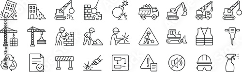 Demolition and construction line icon set. Vector pictograms of building teardown, excavator, crane, safety gear, permit, debris, and environmental compliance thin linear illustration