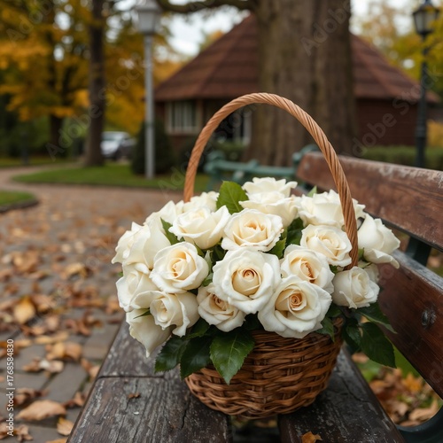 Autumn scene with a basket of white roses on a park bench, perfect gift for a romantic surprise