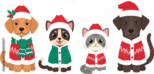 Festive pets in holiday attire standing in a row on white background design