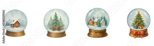Watercolor snow globes on wood bases show cabin, pinecones, village, festive tree with gifts; each snow globe sparkles in soft snowfall, snow globe collection evokes cozy winter nostalgia holiday mood
